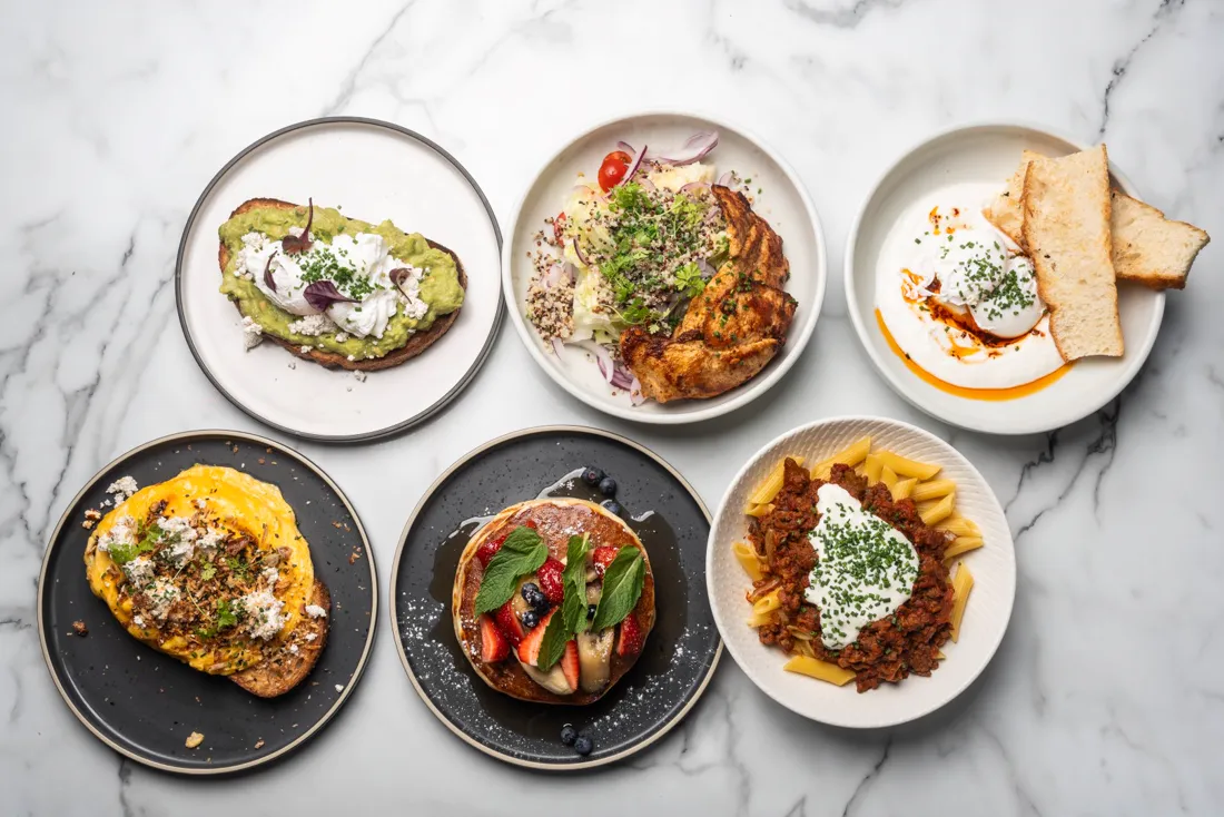 A spread of brunch plates on the table